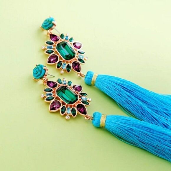 Flower Crystal Blue Tassel Fringe Vintage Gold Dangle Statement Earrings - Picture 6 of 9